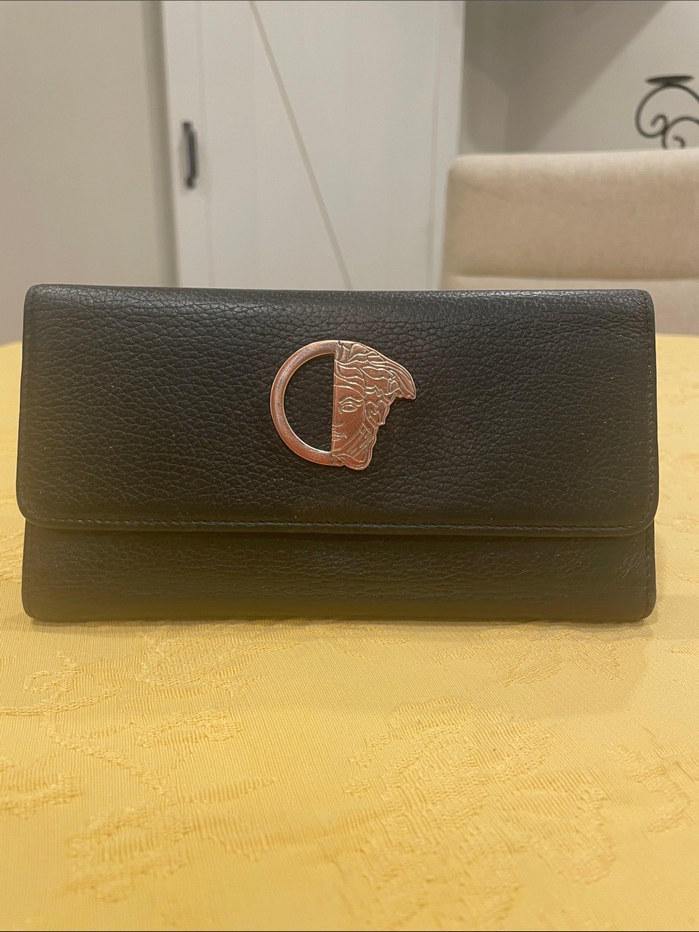 Versace Black Leather Wallet with Gold Medusa Accent